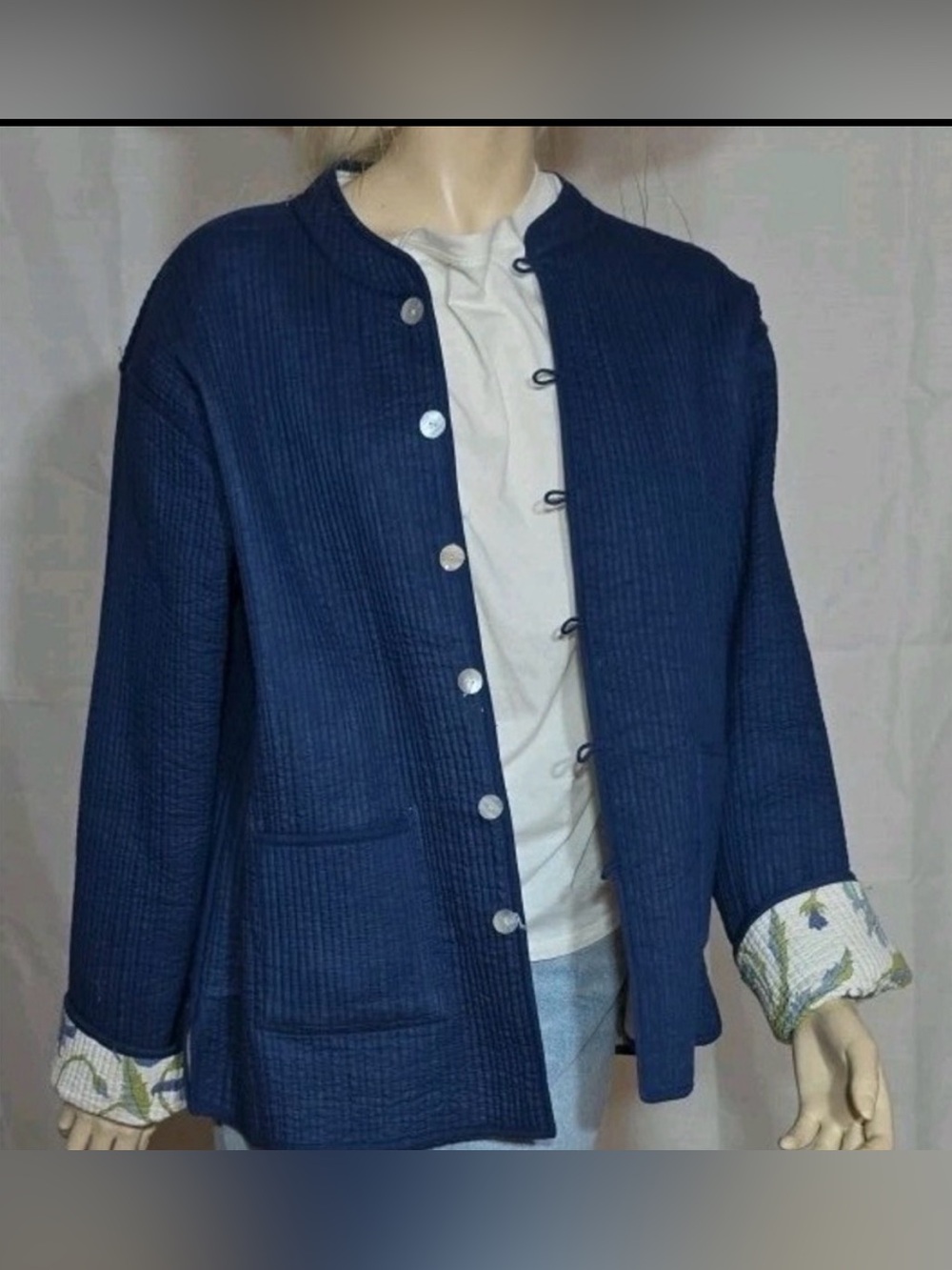 ❤️ Reversible Navy/Floral Block Print Cotton Kantha Jacket Size L/XL NWOT